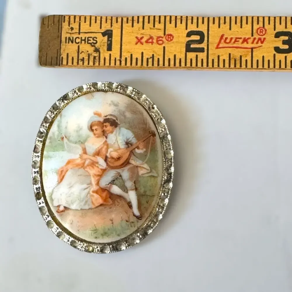 Victorian Lovers Nickel Silver Fragonard Milk Glass Cameo Clip Brooch Vintage